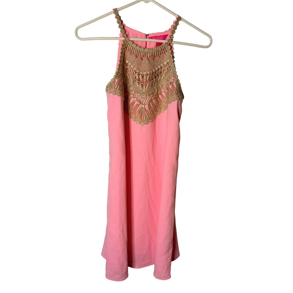 Lilly Pulitzer Pearl Soft Shift Dress Coral Reef Tint Gold Embroidery 00 001552