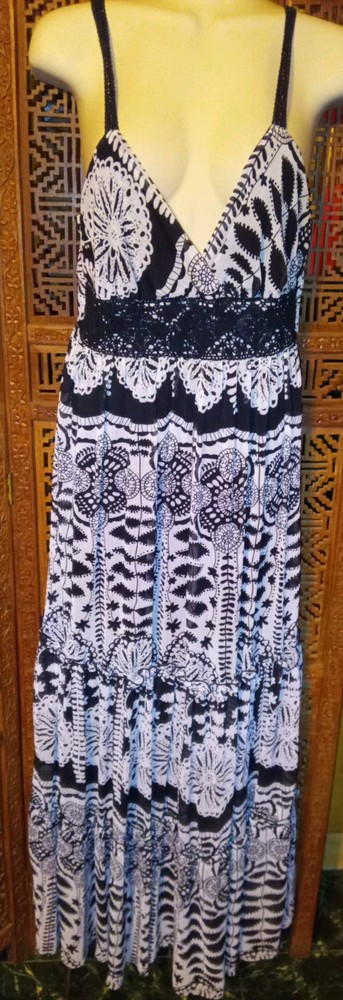 Alyn Paige*Black & White Sand Dollar Design Spaghetti Strap Lg. Maxi Dress Sz 8