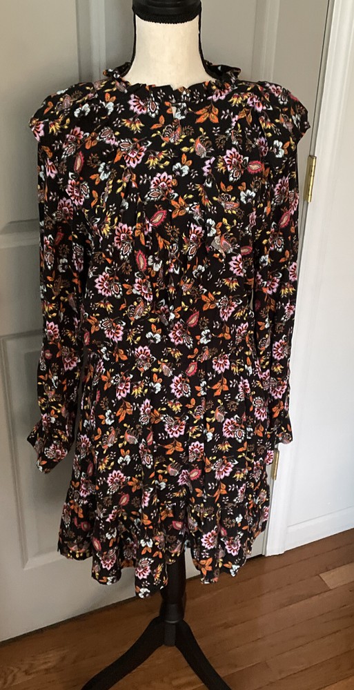 Ever After Peasant Style Ruffled Mini Dress Black Floral Long Sleeve Size Medium