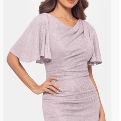 Betsy & Adam Quicksilver Flutter Sleeve Trumpet Gown Pink Silver 14