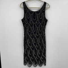 Pisarro Nights Black Beaded Sequin Flapper Dress Art Deco Style Size 14 Cocktail