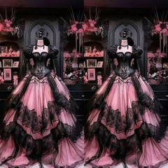 Gothic Fantasy Victorian Dress Masquerade Black Pink Corset Lacing Lace Ruffle