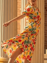 Donna Morgan Womens Dress 4 Citrus Fruit Novelty Puff Sleeve Belt Cotton Novelty