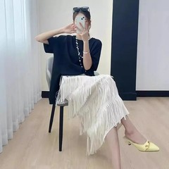 Multifunctional Slimming Tassel Cake Skirt Medium and Long Dress Elastic Waist D