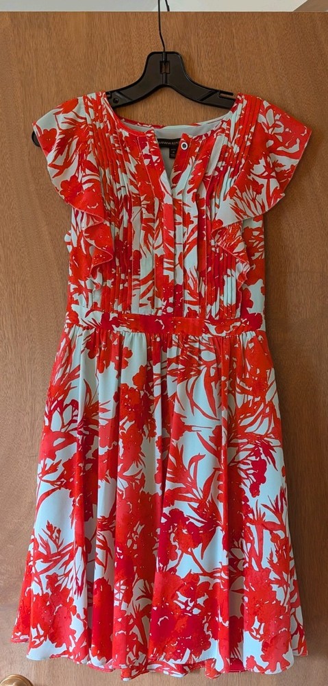 Banana Republic Regular 4 Red/Light Blue Floral Chiffon Lined Flutter Dress