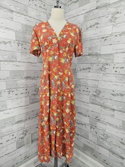 Uniqlo Red Yellow Floral Print Button Down Midi Dress Women M Cottage