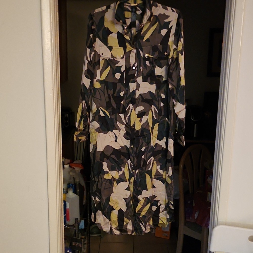 J. Jill Black/Beige/Green Abstract Polyester Chiffon Shirt Dress Long Sleeve 1