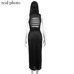 Gothic Dark Cyber Gothic Desert Walker Hooded Punk Grunge Hollow Out Midi Dress