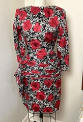 Vtg 80s 90s Sexy 100% Silk Jacquard Floral Print Bow Dress Dallas Dynasty Size 6