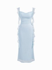 Cowl Neck Solid Glitter Ruffle Hem Maxi Dress