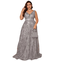Plus Size Luxury Deep V neck Sequin Evening Dress Elegant V back Long Formal