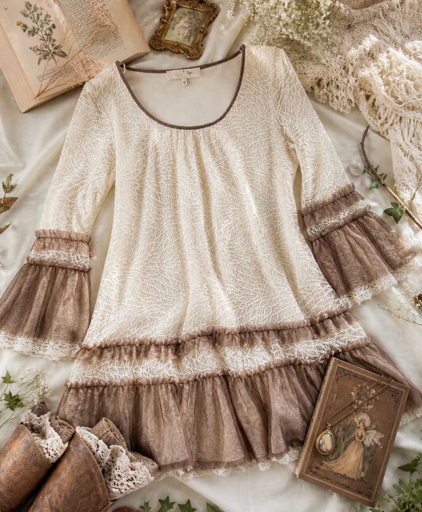 Ryu Lace Ruffle Dress Womens Small Boho Cream Brown Sheer Layered Bell Sleeve