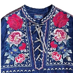 Johnny Was Women’s Sz M Blue Floral Embroidered Plaid Dress Mica Long Sleeeve
