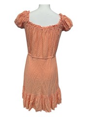 Olivaceous Peach Textured Mini Dress M Puff Sleeve Button Front Ruffle Hem