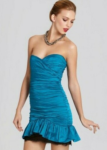 BCBG MAXAZRIA Fleur Stretch Taffeta Lace Moroccan Blue Strapless Dress $348