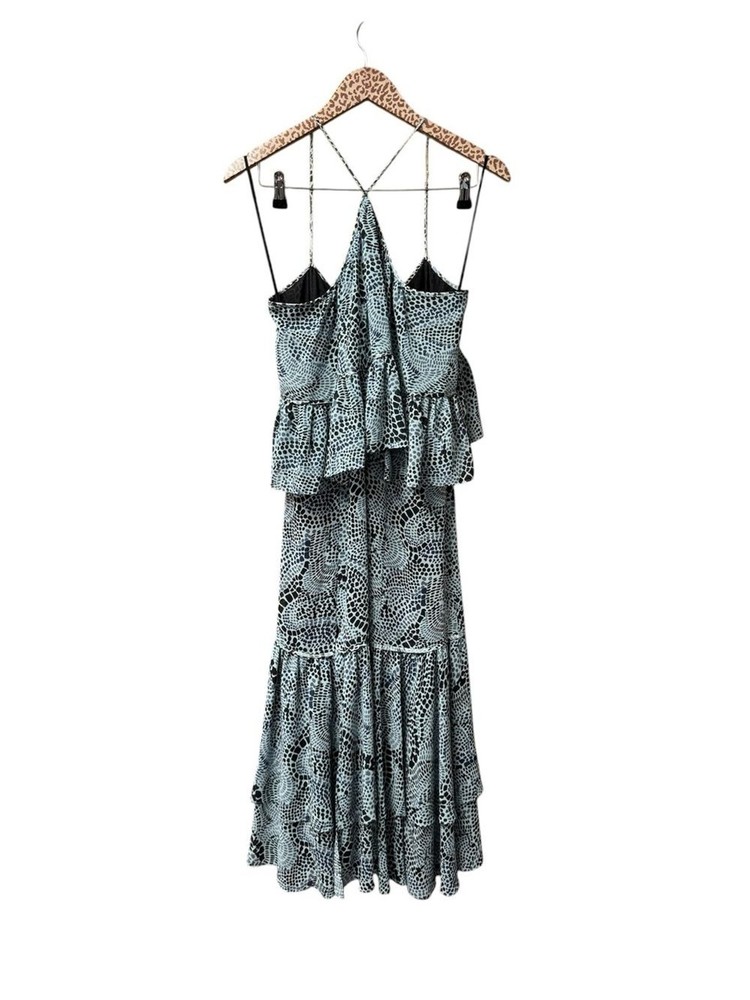 Cinq A Sept Colette Printed Halter Ruffle Midi Dress Slit Blue Rain Cloud 12