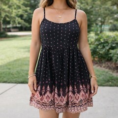 Forever 21 Babydoll Mini Dress Black Pink Boho Paisley Spaghetti Strap Women&rsquo;s S