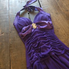 Deb Y2K Purple Halter Dress w/ Ruched Detailing Early 2000s Hankerchief Hem Gown