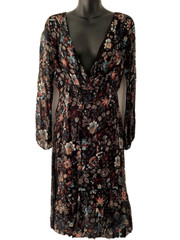 Elena Baldi Italy 100% Silk Blend Midi Dress, Black Floral Multi Color SIZE XS