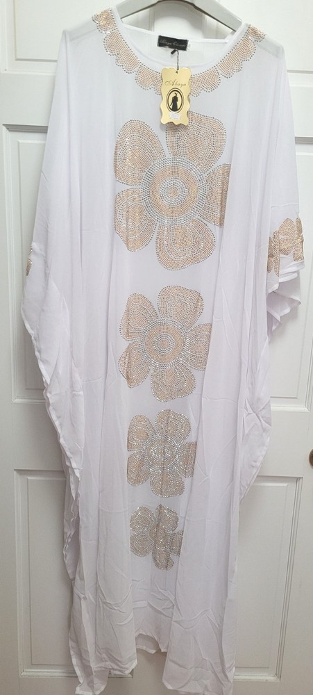 Abaya Classic Muslim Modest Kaftan Style 3pc Maxi Dress & Scarf Set – White 60