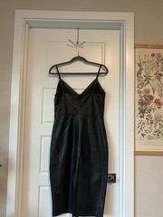 Lefties Black Faux Leather V-Neck Slip Midi Dress, Strappy Sleeveless, Size L