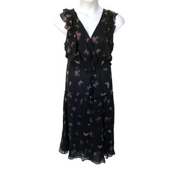 NWT Paige Black Butterfly Print Silk « Basil » Dress with Drawstring Waist size L