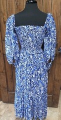 Cara Cara Blue/White Floral Maxi Dress Square Neck Smocked Puff Sleeve Size XS