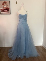 Blue Solid Glitter Tulle Long Formal A-Line Dress Corset Lace-Up Back M