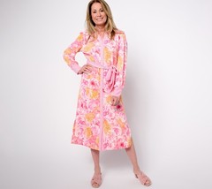 Isaac Mizrahi Live! Regular Pebblette Long Sleeve Midi Shirt Dress Pink Roses S