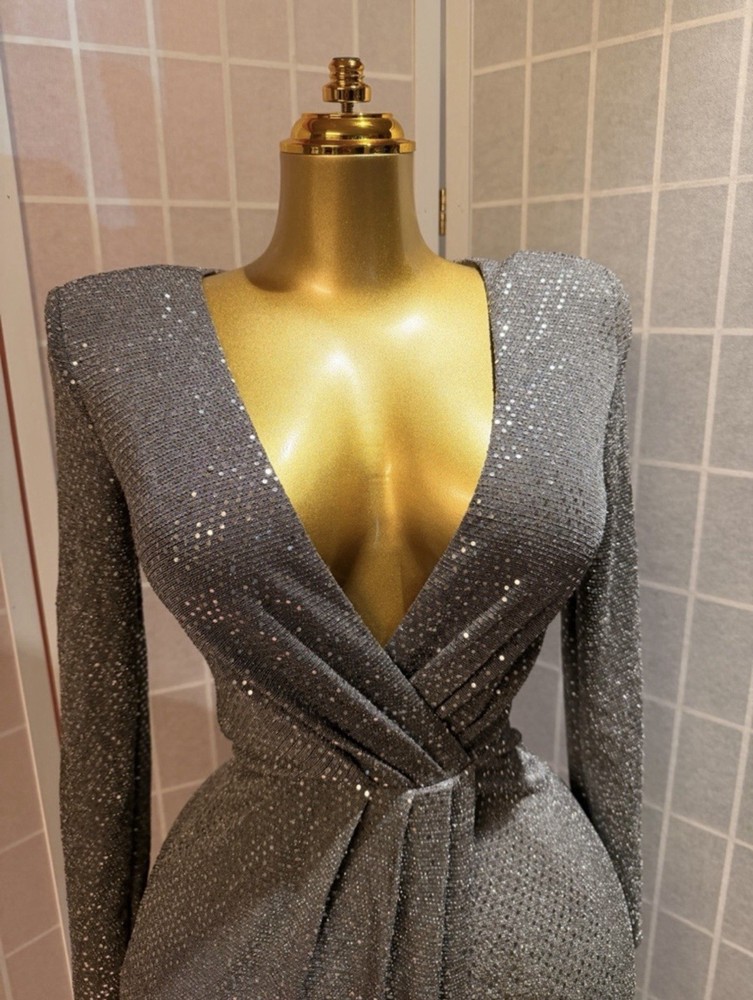 Classy Sparkling Deep V Wrap Evening Dress in Gray