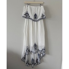 Alya White Navy Blue Embroidered High Low Off Shoulder Maxi Dress Large Bohemian