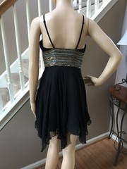 SCALA Black Sequin Beaded Spaghetti Strap Cocktail Party Dress Silk Ruffle Sz 4