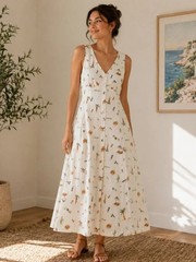 The Workshop Linen Blend Beach Print Cream Maxi Dress Medium NEW