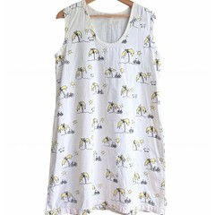 VTG Hemp Cotton Sleeveless Shift Dress Cream Novelty Print Bike Palm Tree USA M
