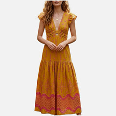 Dixie Italy Mustard Yellow Pink Eyelet Embroidered Cutout Maxi Dress Tiered M