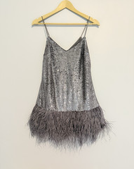 Cinq à Sept Silver Sequin Feather Hem V-Neck Strappy Mini Dress Zip Size 2