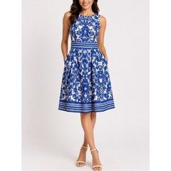 Eliza J Blue White Baroque Print Fit & Flare Dress Pockets Size 4