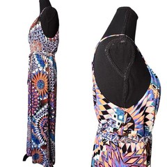 Raindrops by Papillon Sleeveless Maxi Dress Size L Halter Front Retro Print