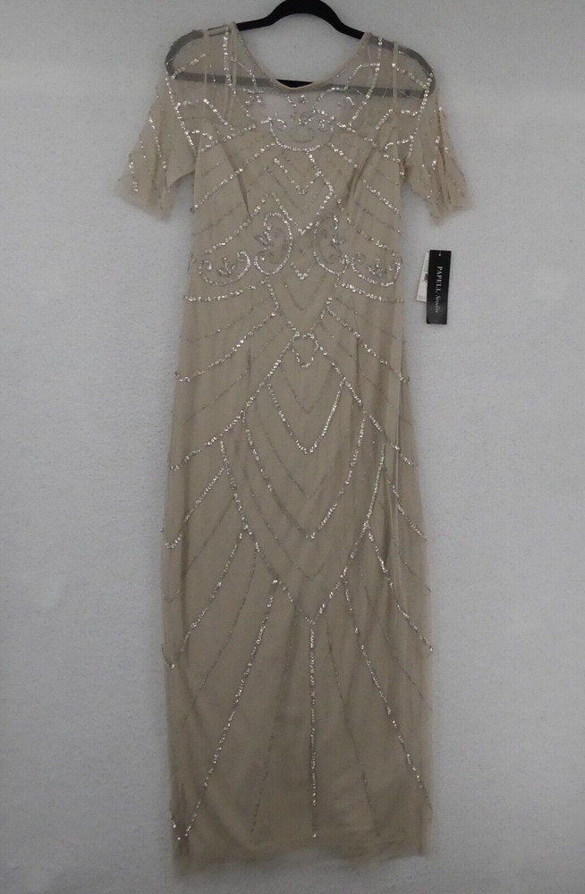Papell Studio Dress Womens 4 Beige Biscotti Sequin Beaded Evening Gown Maxi