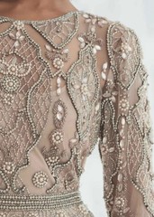 Mac Duggal 10115 3/4 Sleeve Embellished Pearl A-line Gown Beige Size 8 NWT $1798