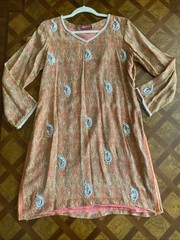 Vintage Sheer Silk Tunic Kaftan Size S Artsy Boho Pearl Beaded Paisley Print New