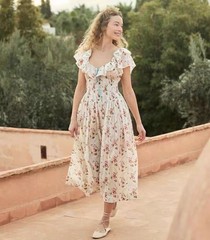 Women Doen Round Neck Floral short sleeves A-line Midi Dress