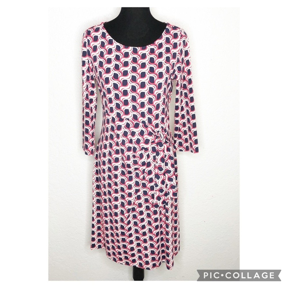 Talbots navy pink white geometric print faux wrap midi dress size Medium