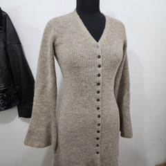 Commense Stacking V-Neck Split Breasted Knit Sweater Dress Beige Bell Sleeve SML