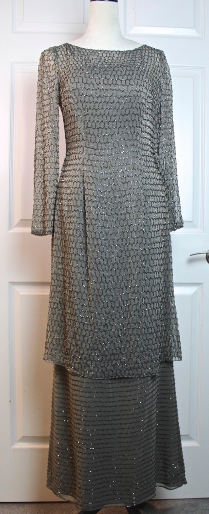 Stephen Yearick Taupe Grey 100% Silk Hand-Beaded Full Length Gown Size 8 Ex Cond