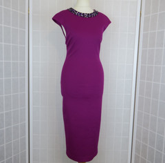 Ted Baker Dress Size 1 UK 8 Magenta Jewelled Neck Bodycon Midi Party Cocktail