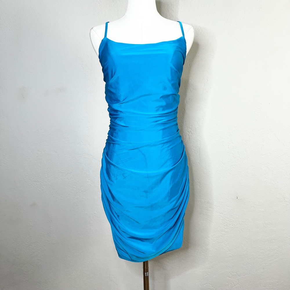 Lulus Ruched Bodycon Spaghetti Strap Mini Dress Bright Blue Open Tie Back Size L