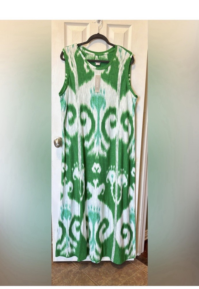 Chico&rsquo;s Women&rsquo;s Sleeveless Maxi Dress Green White Ikat Knit Sz 3