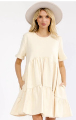 Women’s Cream Solid Mini Dress Size S Crew Neck Short Sleeve Ruffle Pockets