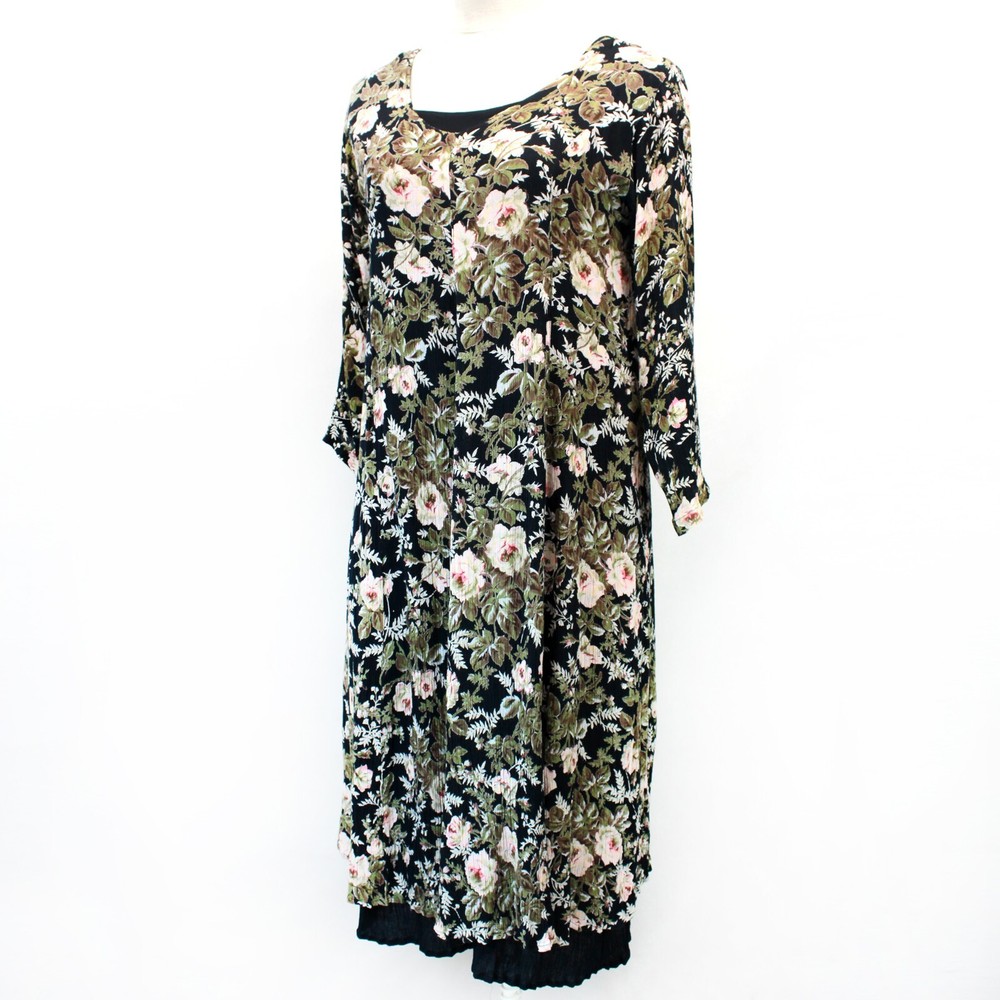 Her Style Vintage 80&rsquo;s Reversible Black Floral Rayon Modest Midi Dress Medium